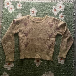 Beige and Brown Vintage Deer Sweater